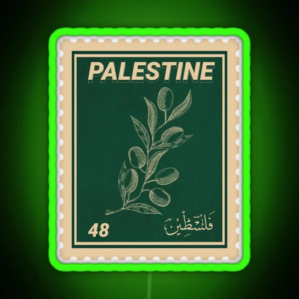 Palestine Stamp Green Olive Branch RGB Neon Sign