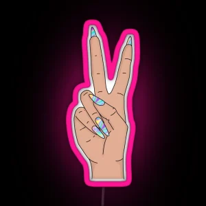 Peace Sign Hand With Holograph Nails RGB Neon Sign