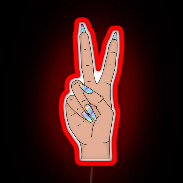 Peace Sign Hand With Holograph Nails RGB Neon Sign