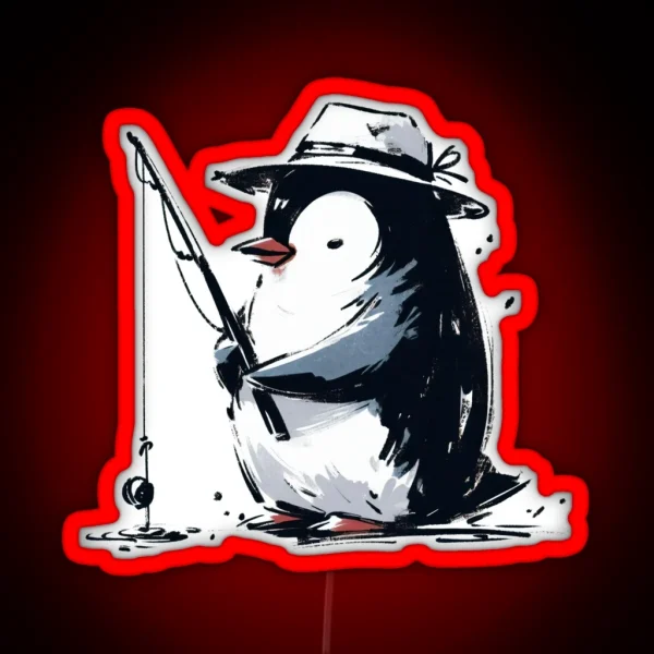 Penguin Fishing In Hat A Cute And Playful Scene RGB Neon Sign