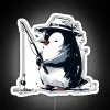 cute penguin fishing with a hat in a vibrant neon-lit scene