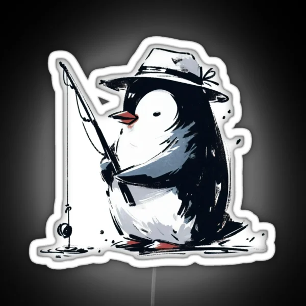 Penguin Fishing In Hat A Cute And Playful Scene RGB Neon Sign