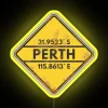 vintage metallic rusty perth coordinates road sign with rgb neon lighting, yellow