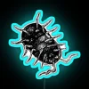 A pill bug displayed on an RGB neon sign with vibrant blue lighting.