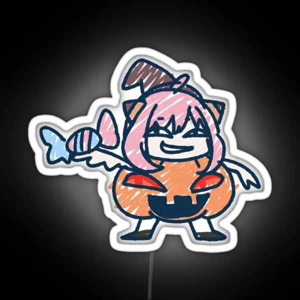 Pink Haired Girl On Halloween In Kids Drawing Chibi Led RGB Neon Sign