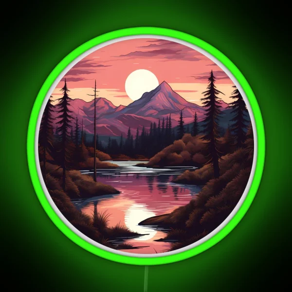 Pink Mountain Forest Scene Sunset RGB Neon Sign