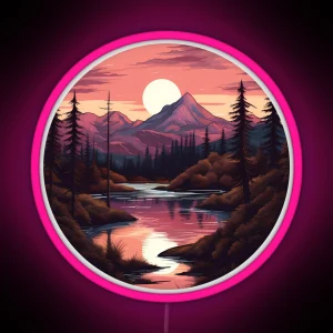 Pink Mountain Forest Scene Sunset RGB Neon Sign