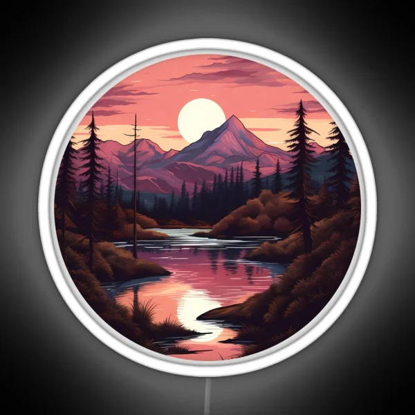 Pink Mountain Forest Scene Sunset RGB Neon Sign