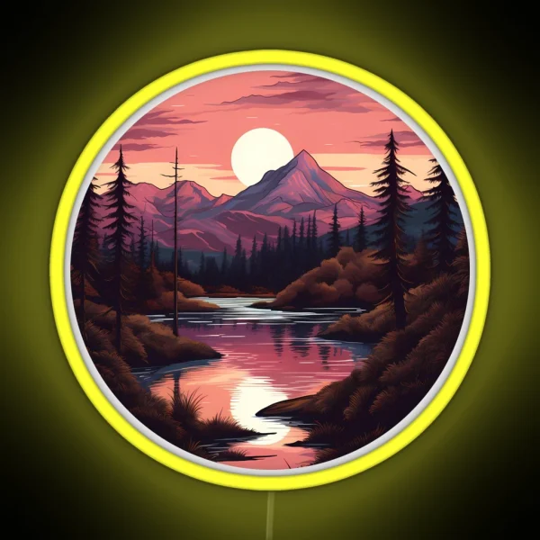 Pink Mountain Forest Scene Sunset RGB Neon Sign