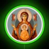 neon sign displaying 'Platytera wider than the heavens' in vibrant RGB colors, green version