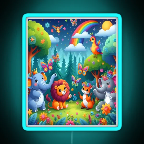 Playful Animals In A Vibrant Children S Forest RGB Neon Sign