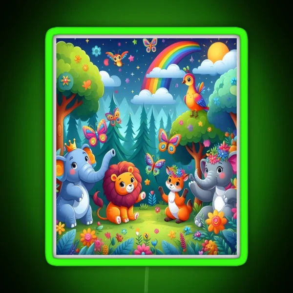 Playful Animals In A Vibrant Children S Forest RGB Neon Sign