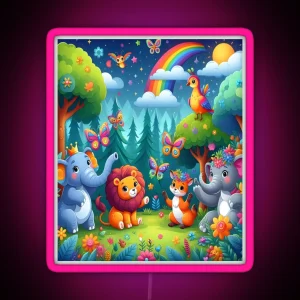 Playful Animals In A Vibrant Children S Forest RGB Neon Sign