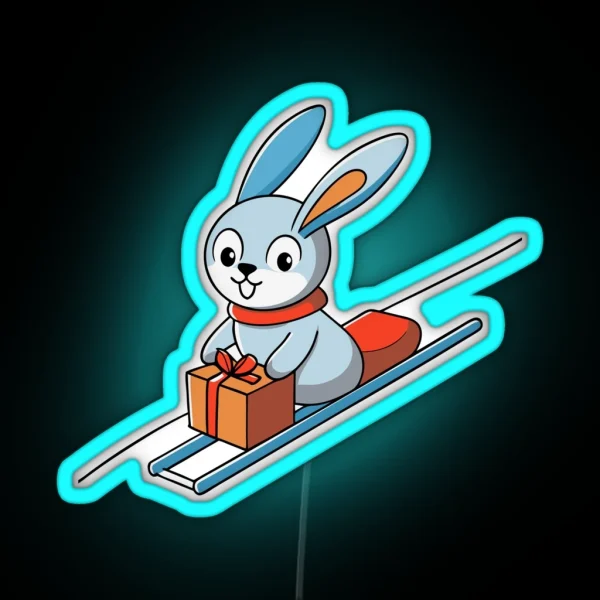 Playful Bunny Sledding On A Gift Box Lid RGB Neon Sign