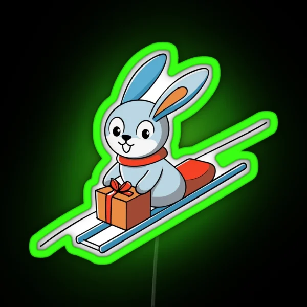 Playful Bunny Sledding On A Gift Box Lid RGB Neon Sign