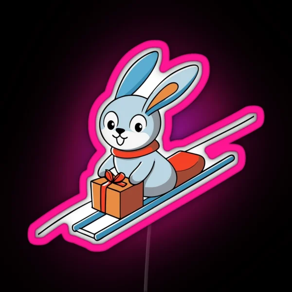 Playful Bunny Sledding On A Gift Box Lid RGB Neon Sign
