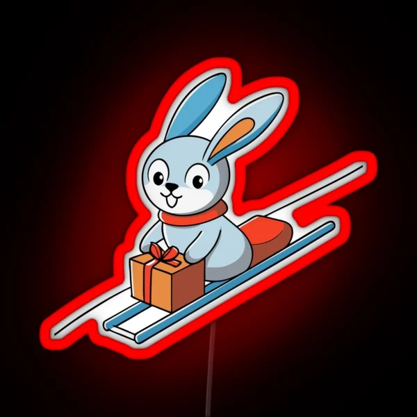 Playful Bunny Sledding On A Gift Box Lid RGB Neon Sign