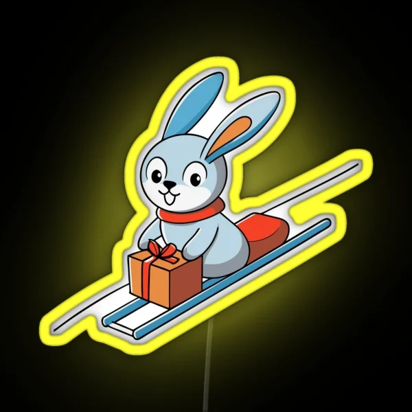 Playful Bunny Sledding On A Gift Box Lid RGB Neon Sign