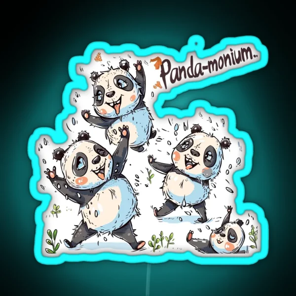 Playful Cartoon Pandas In Fun Pandemonium Scene RGB Neon Sign