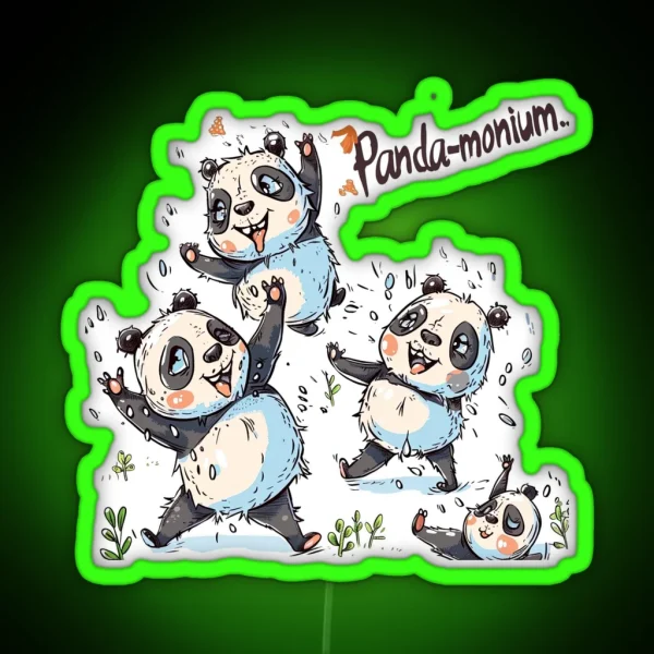 Playful Cartoon Pandas In Fun Pandemonium Scene RGB Neon Sign