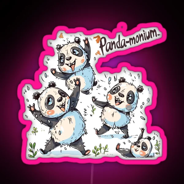 Playful Cartoon Pandas In Fun Pandemonium Scene RGB Neon Sign