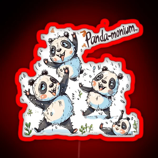 Playful Cartoon Pandas In Fun Pandemonium Scene RGB Neon Sign