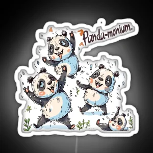 Playful Cartoon Pandas In Fun Pandemonium Scene RGB Neon Sign