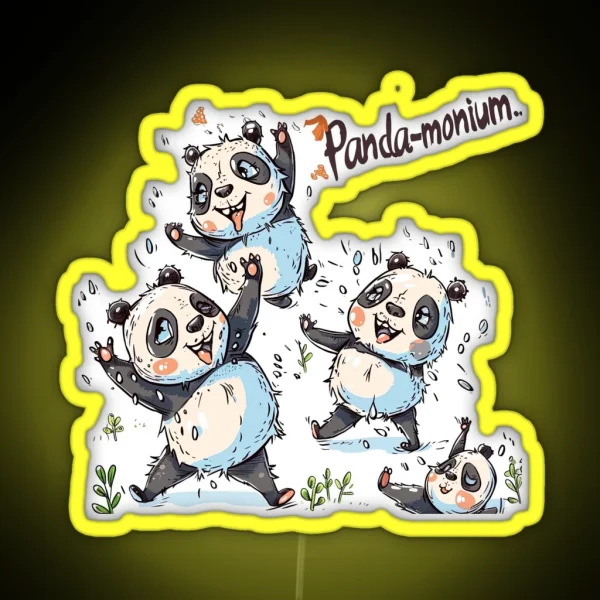 Playful Cartoon Pandas In Fun Pandemonium Scene RGB Neon Sign
