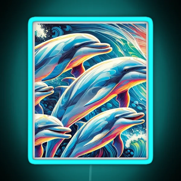 Playful Dolphins Colorful Ocean Scene Art RGB Neon Sign