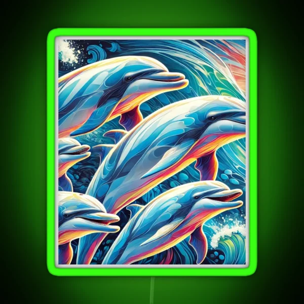 Playful Dolphins Colorful Ocean Scene Art RGB Neon Sign