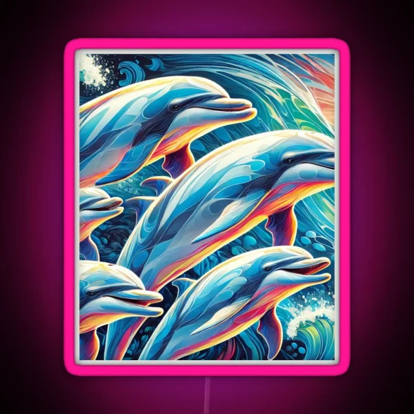 Playful Dolphins Colorful Ocean Scene Art RGB Neon Sign
