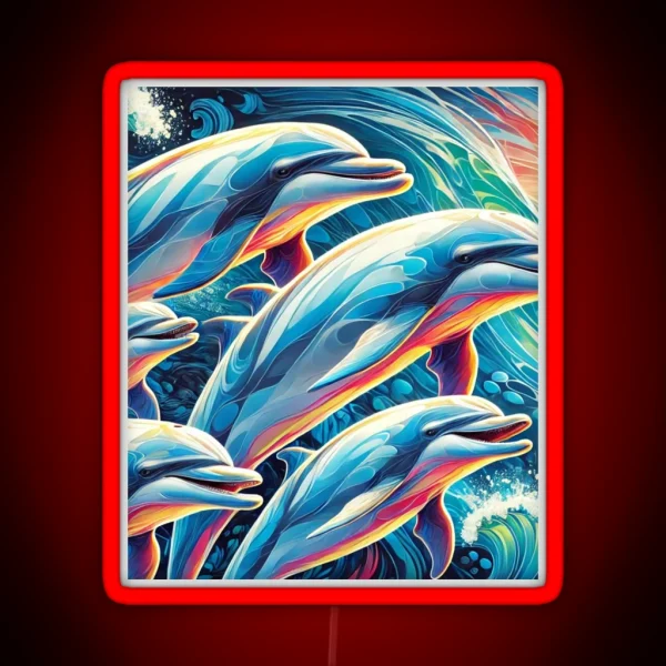 Playful Dolphins Colorful Ocean Scene Art RGB Neon Sign
