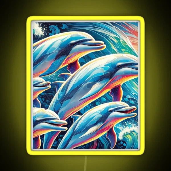 Playful Dolphins Colorful Ocean Scene Art RGB Neon Sign