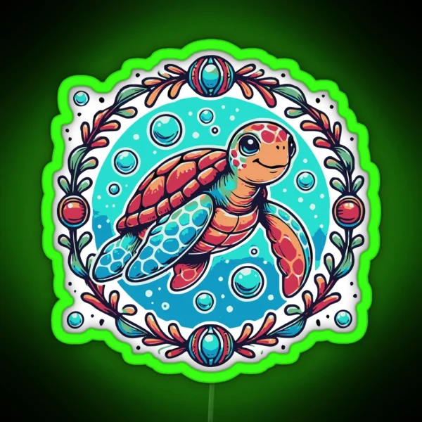 Playful Sea Turtle In Decorative Circlet RGB Neon Sign