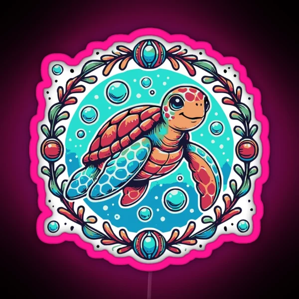 Playful Sea Turtle In Decorative Circlet RGB Neon Sign