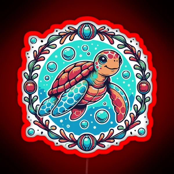 Playful Sea Turtle In Decorative Circlet RGB Neon Sign