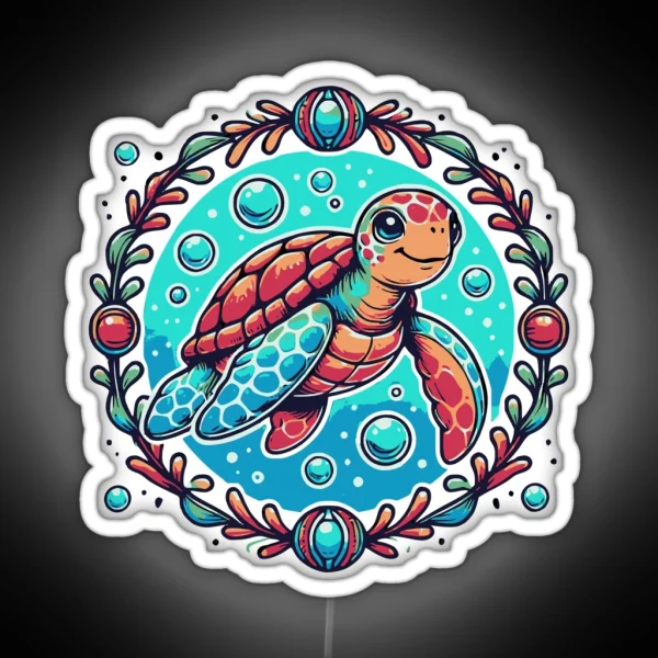 Playful Sea Turtle In Decorative Circlet RGB Neon Sign