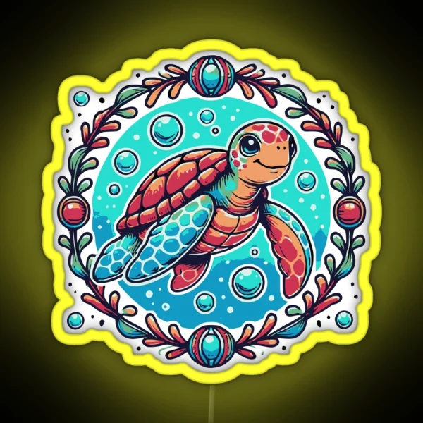 Playful Sea Turtle In Decorative Circlet RGB Neon Sign