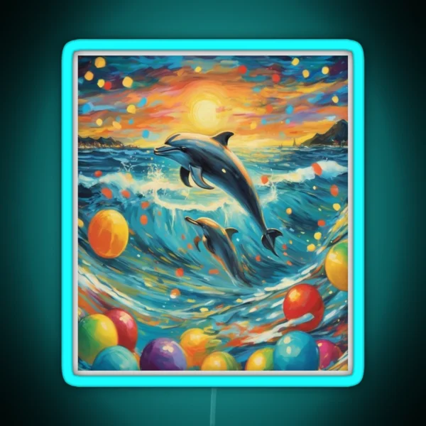 Playful Waves Dolphins Amidst Colorful Lights RGB Neon Sign