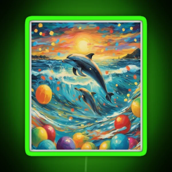 Playful Waves Dolphins Amidst Colorful Lights RGB Neon Sign