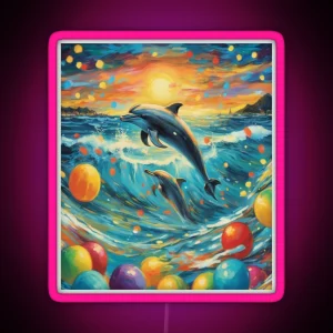 Playful Waves Dolphins Amidst Colorful Lights RGB Neon Sign