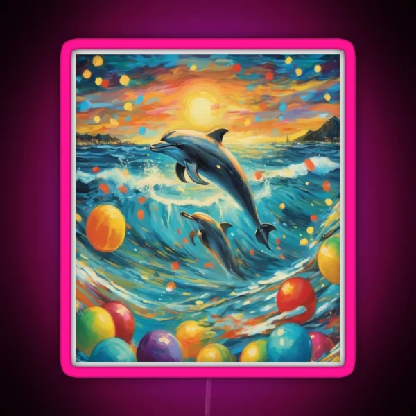 Playful Waves Dolphins Amidst Colorful Lights RGB Neon Sign