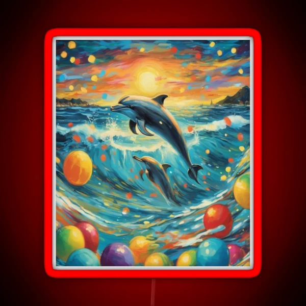 Playful Waves Dolphins Amidst Colorful Lights RGB Neon Sign