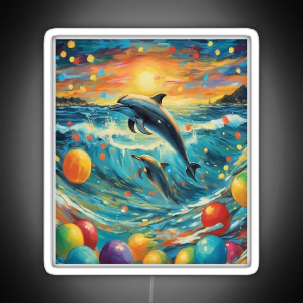 Playful Waves Dolphins Amidst Colorful Lights RGB Neon Sign