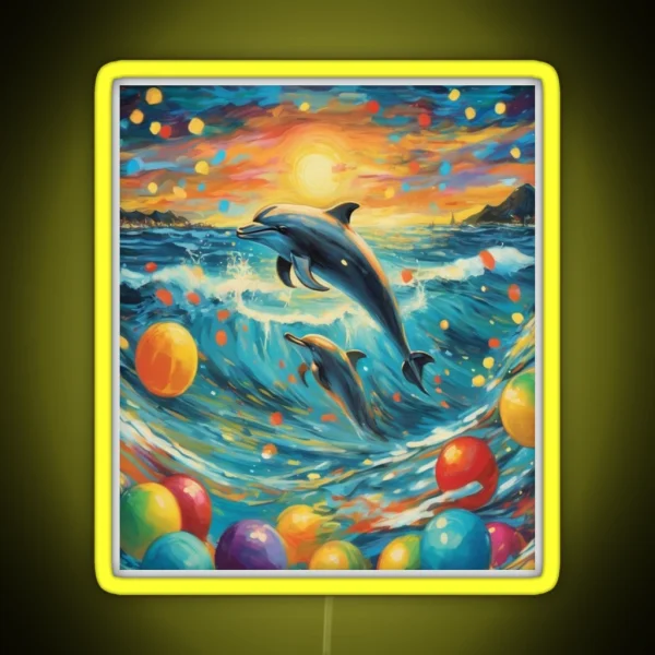 Playful Waves Dolphins Amidst Colorful Lights RGB Neon Sign
