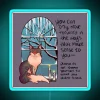 A cat sitting on a snowy window with an rgb neon blue sign saying "please do not shame yourself".