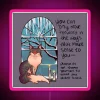 Neon sign displaying 'Please Do Not Shame Yourself' with a snowy window cat scene in pink and RGB neon.