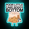 alt="Neon sign displaying 'poor little cake soggy bottom' in blue.