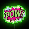 neon sign displaying 'POW' in RGB cartoon-style with a green neon design