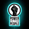 A vibrant neon sign displaying 'Power to the People' with resistance-led themes in bold RGB colors.